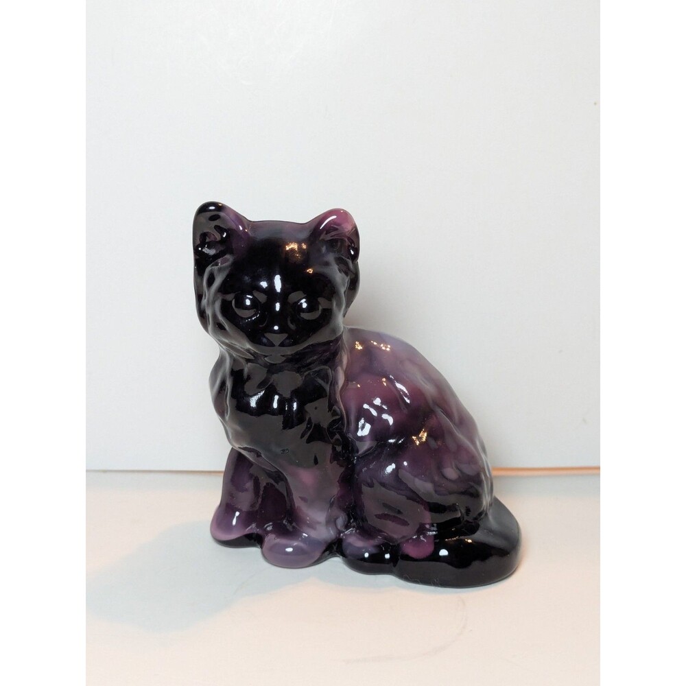 Mosser Purple White Swirl Slag Glass Cat Figurine